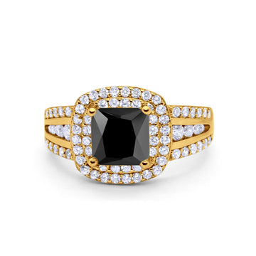 Halo Wedding Ring Princess Yellow Tone, Simulated Black CZ 925 Sterling Silver